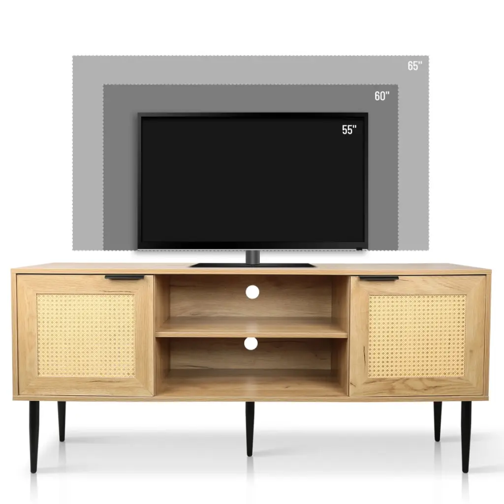 Wooden TV Stand 65 Inch TVs Rattan Doors and Open Shelves Natural Color Triple Tree