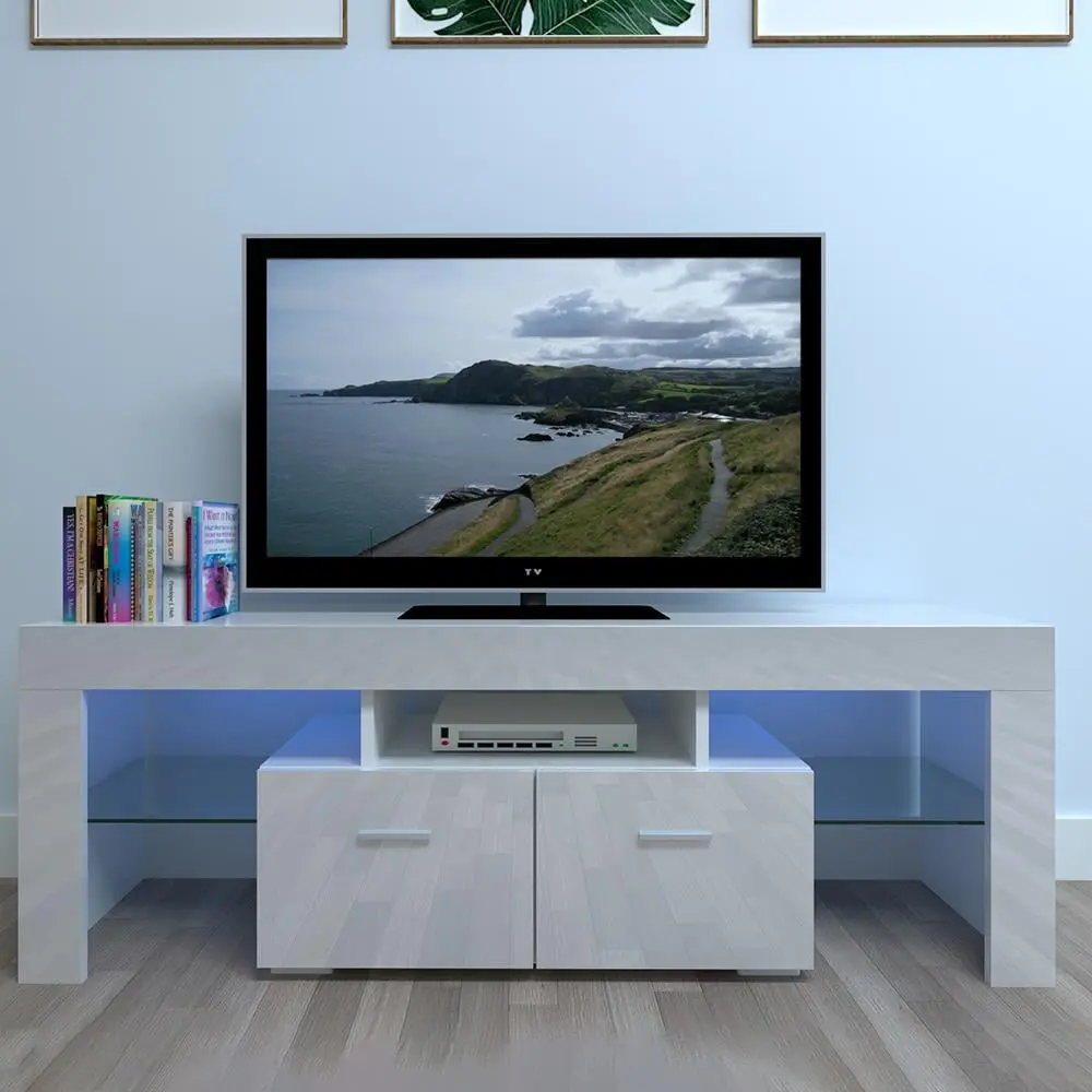 UBesGoo TV Stand LED Lights High Gloss Media Console Cabinet Storage and 2 Drawers