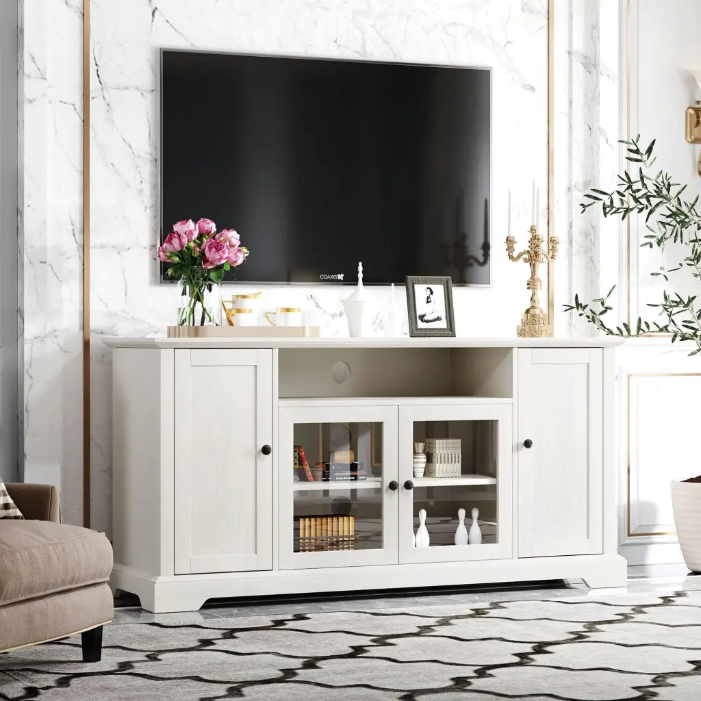 TV Stand 2 Tempered Glass Doors and Adjustable Panels TVs Up to 65 Inches White unknown