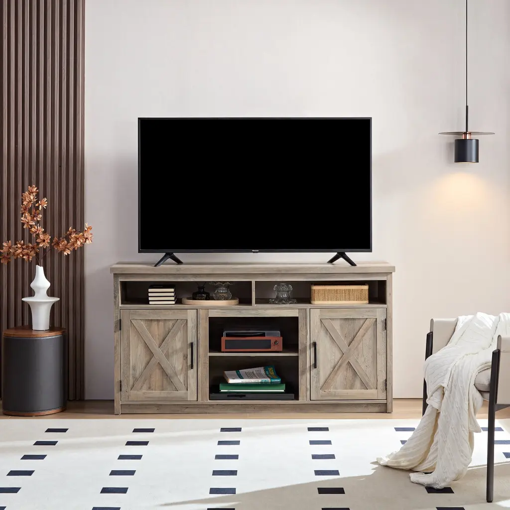 Farmhouse Barn Door TV Media Stand TVs up to 65 Inches, Gray Wash Finish Open and Closed Storage Viruhaka