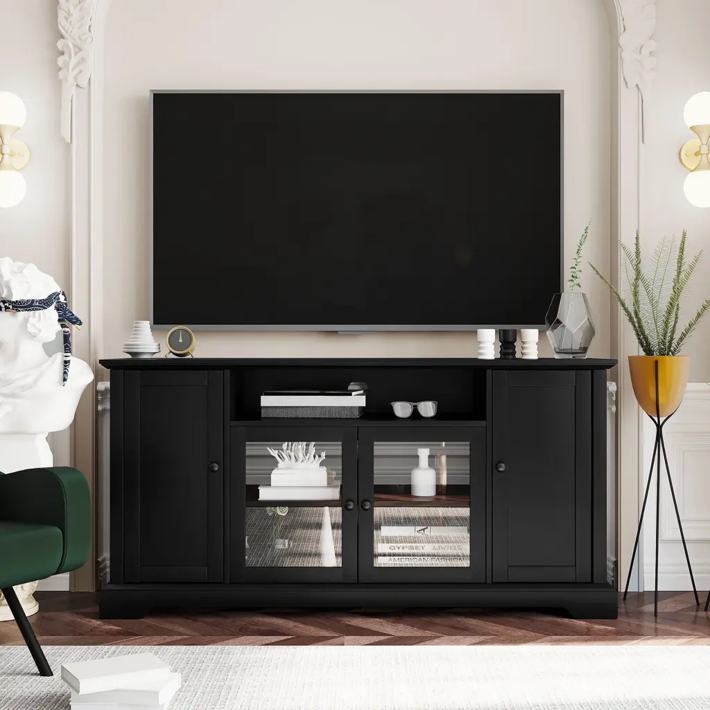 TV Stand 65in TVs 2 Tempered Glass Doors Adjustable Panels Black Viruhaka