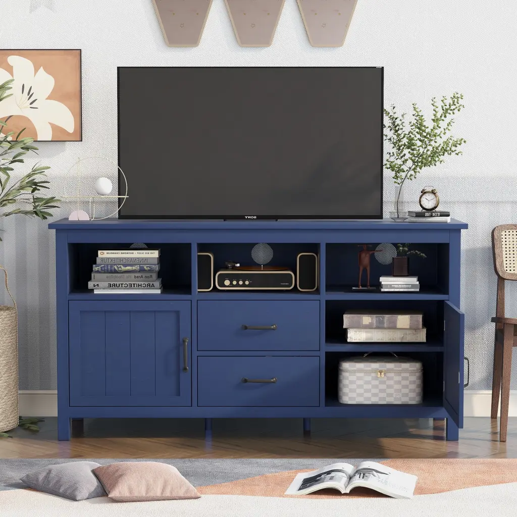TV Stand 68in TVs 2 Doors and 2 Drawers Navy Living Room Sideboard Viruhaka