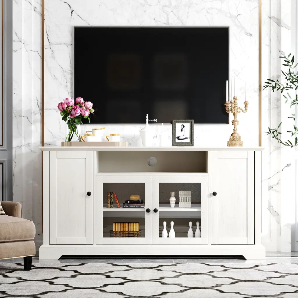 White TV Stand 65 Inch TV 2 Tempered Glass Doors Adjustable Panels Open Style Cabinet Living Room Sideboard Viruhaka