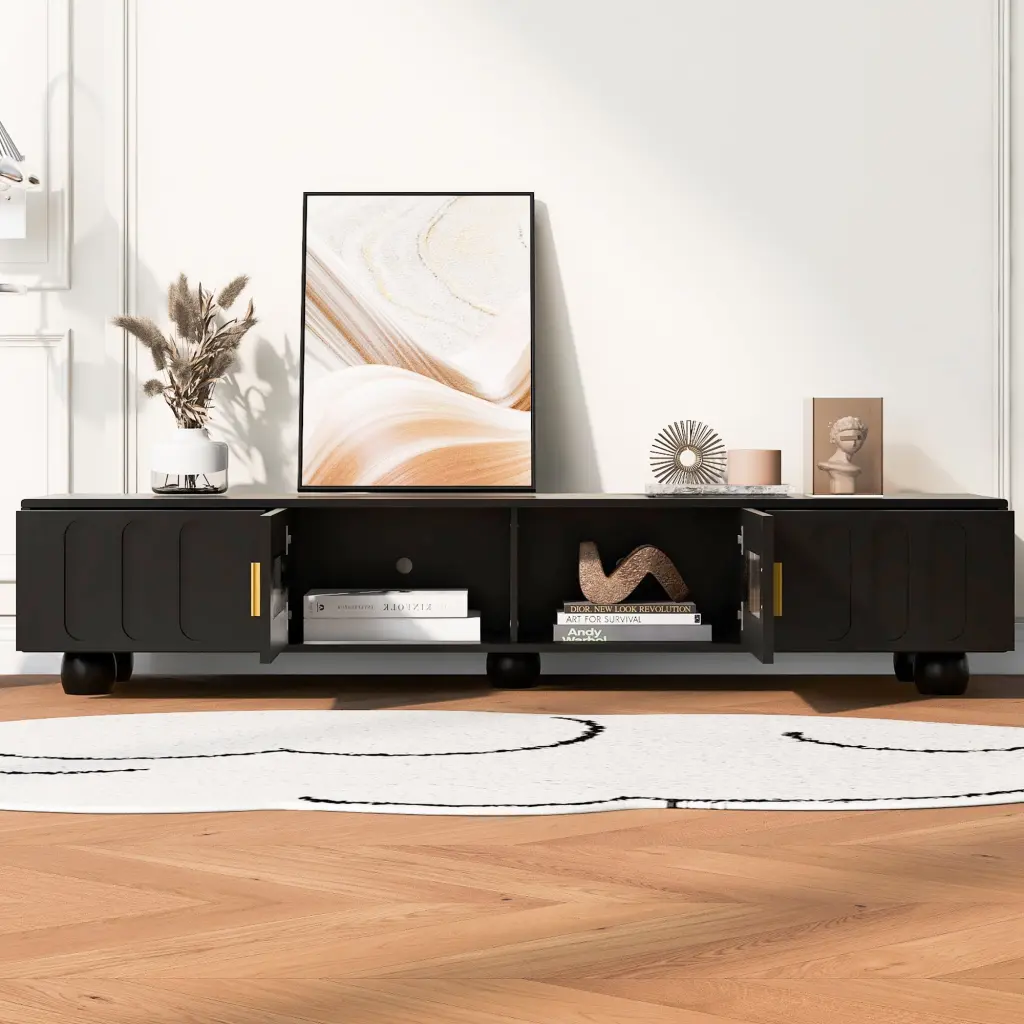 Modern TV Stand 80 Inch TVs Glass Door 2 Drawers and Cabinets Wood Entertainment Center Solid Wood Legs Viwebaily