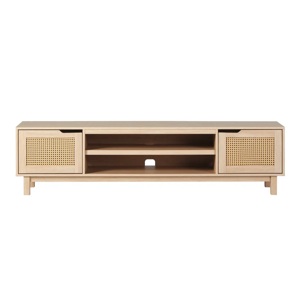 Modern Rattan Door Low TV Stand TVs Up to 80 Inches Coastal Oak Finish walker edison