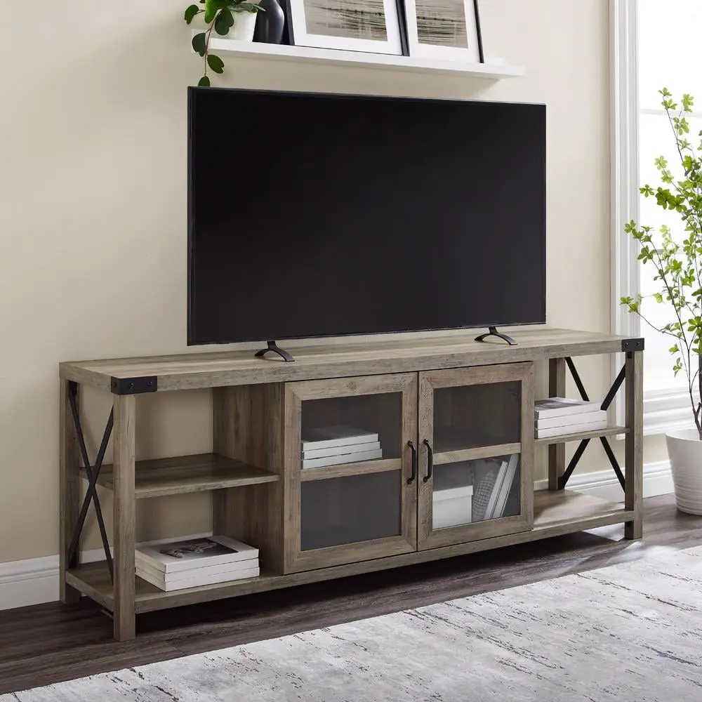 Walker Edison 70 Inch Farmhouse Metal X TV Stand Grey Wash Living Room