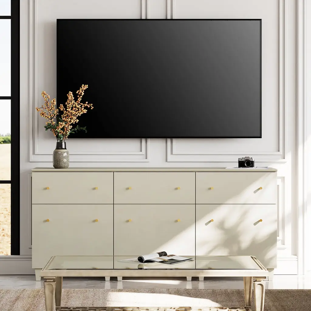 3--1 TV Cabinet Stand 50/65/75 Inch TVs Beige Wooden Entertainment Center 2 Drawers and Doors Modern Media Console Table W...