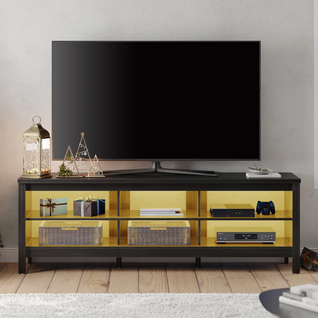 Black TV Stand Warm White LED Lights and Open Shelves 75 Inch TVs - Modern Media Console Wampat