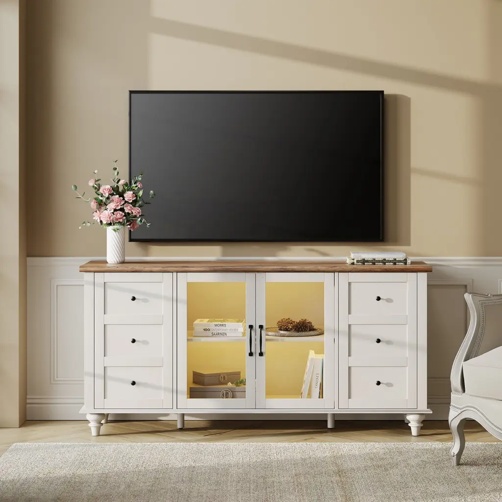 Farmhouse White Glass and Wood TV Stand 75 Inch TVs 16 Colorful Lights Wampat