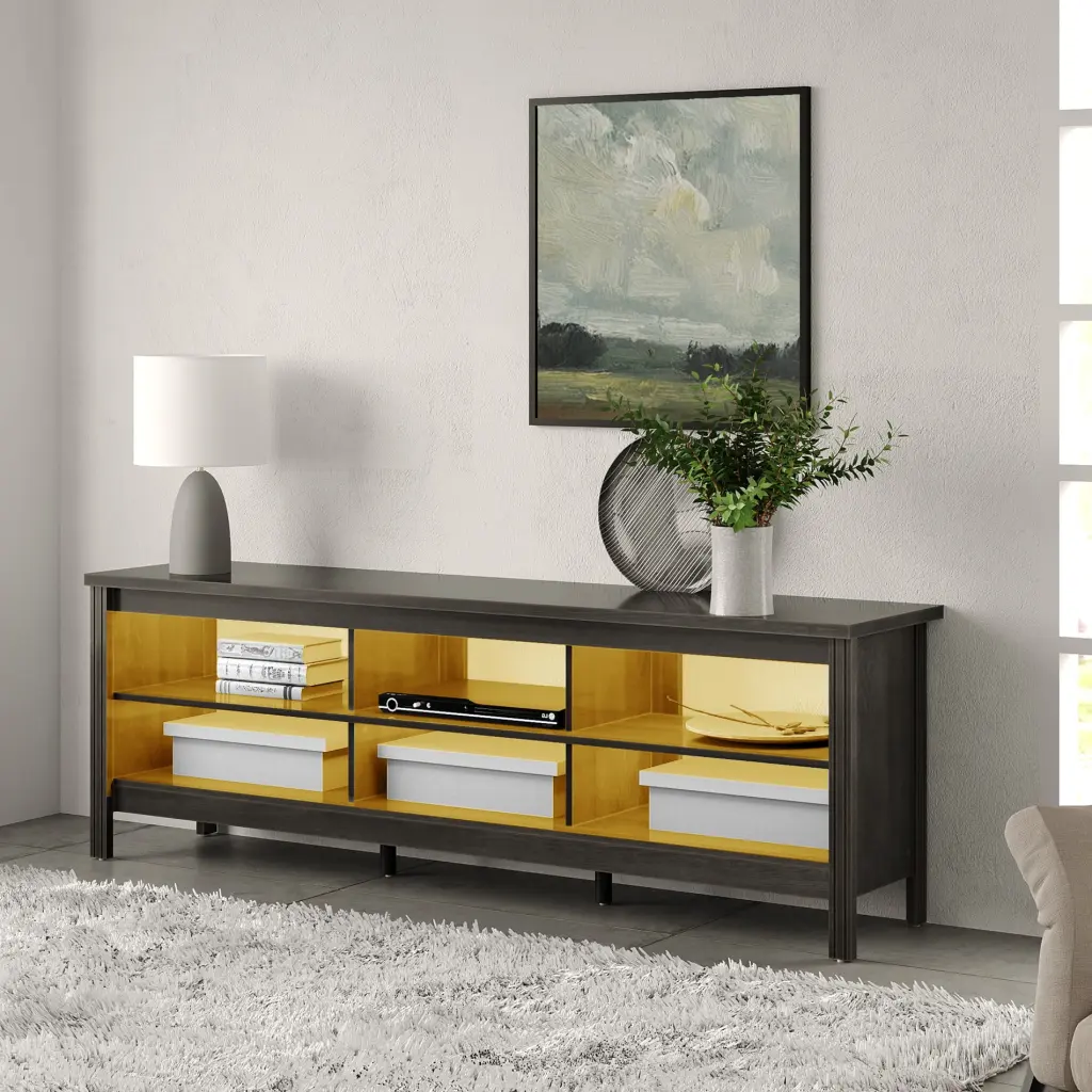 Modern Black LED TV Stand 75 inch TV 6 Storage Shelves and Warm LED Lights Wampat
