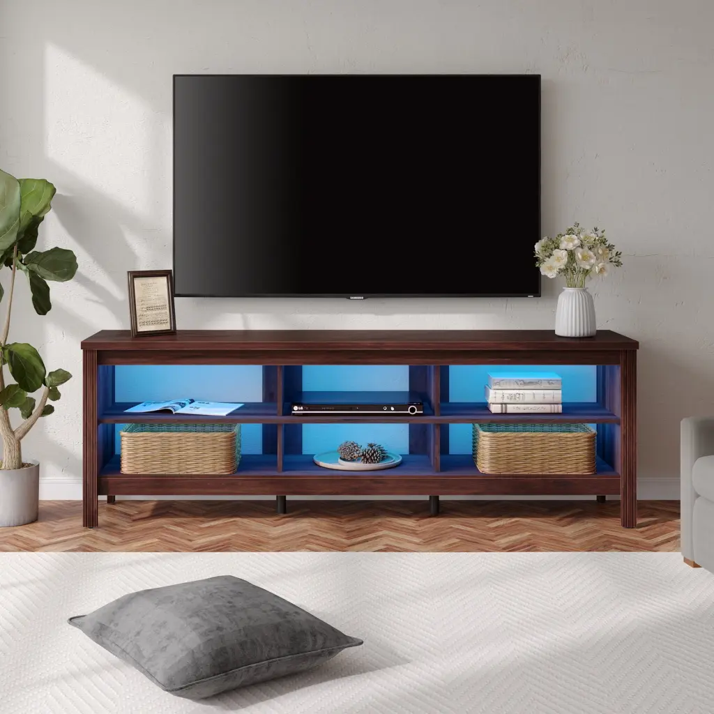 TV Stand 75 Inch TV, LED Entertainment Center Wood Media Console Cabinet Brown Wampat