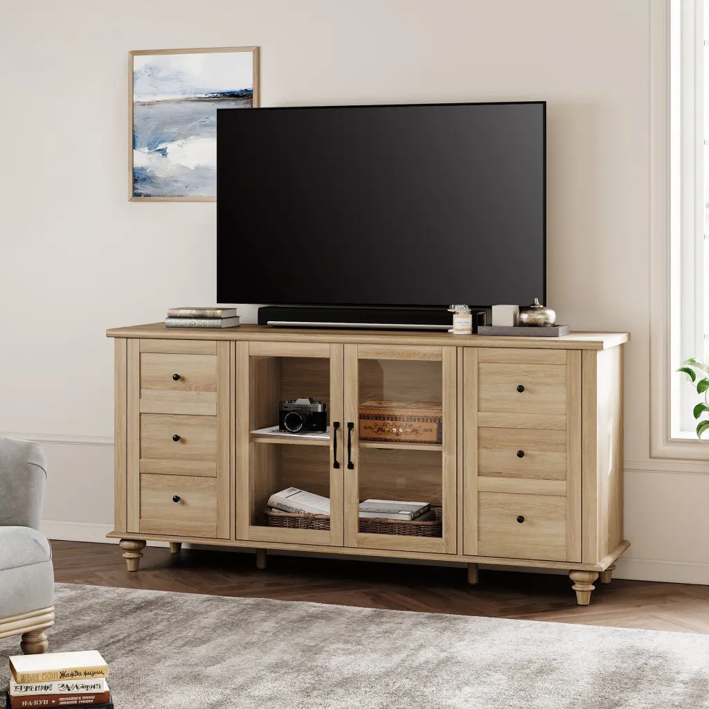 WAMPAT 4-Door Farmhouse TV Stand TVs Up to 75 Inches Glass and Wood White Entertainment Center