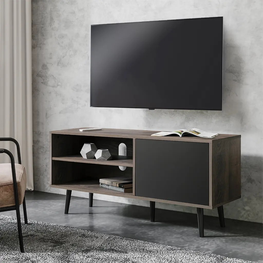 Wampat Mid-Century Modern TV Stand 43 Inch Flat Screen Retro Wood Media Console Storage Black