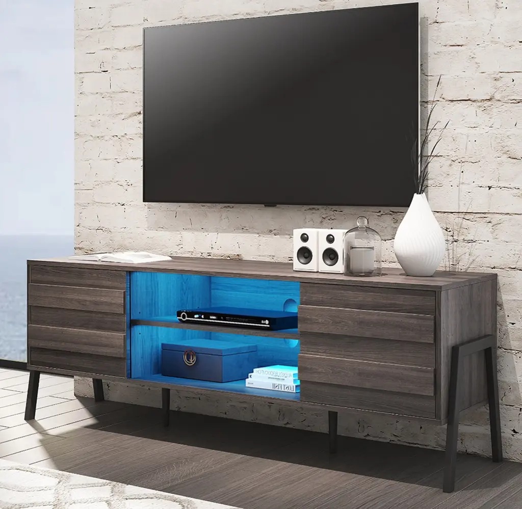 Wampat TV Stand LED Lights and 2 Doors TVs up to 60 Inches Brown