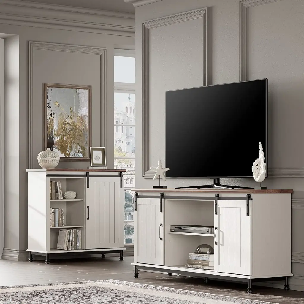 Wampat TV Stand Sliding Doors TVs up to 60 Inches White