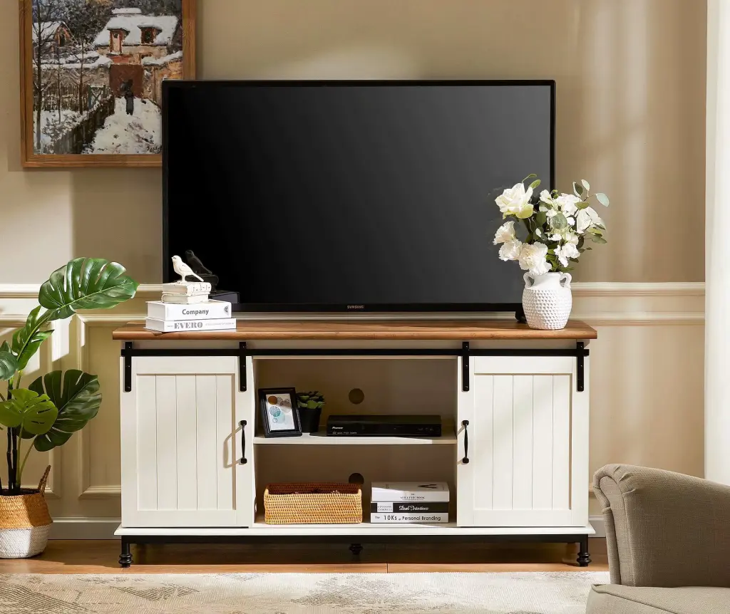 WAMPAT Wood TV Stand Sliding Barn Door Modern Farmhouse Console 65 Inch TVs White