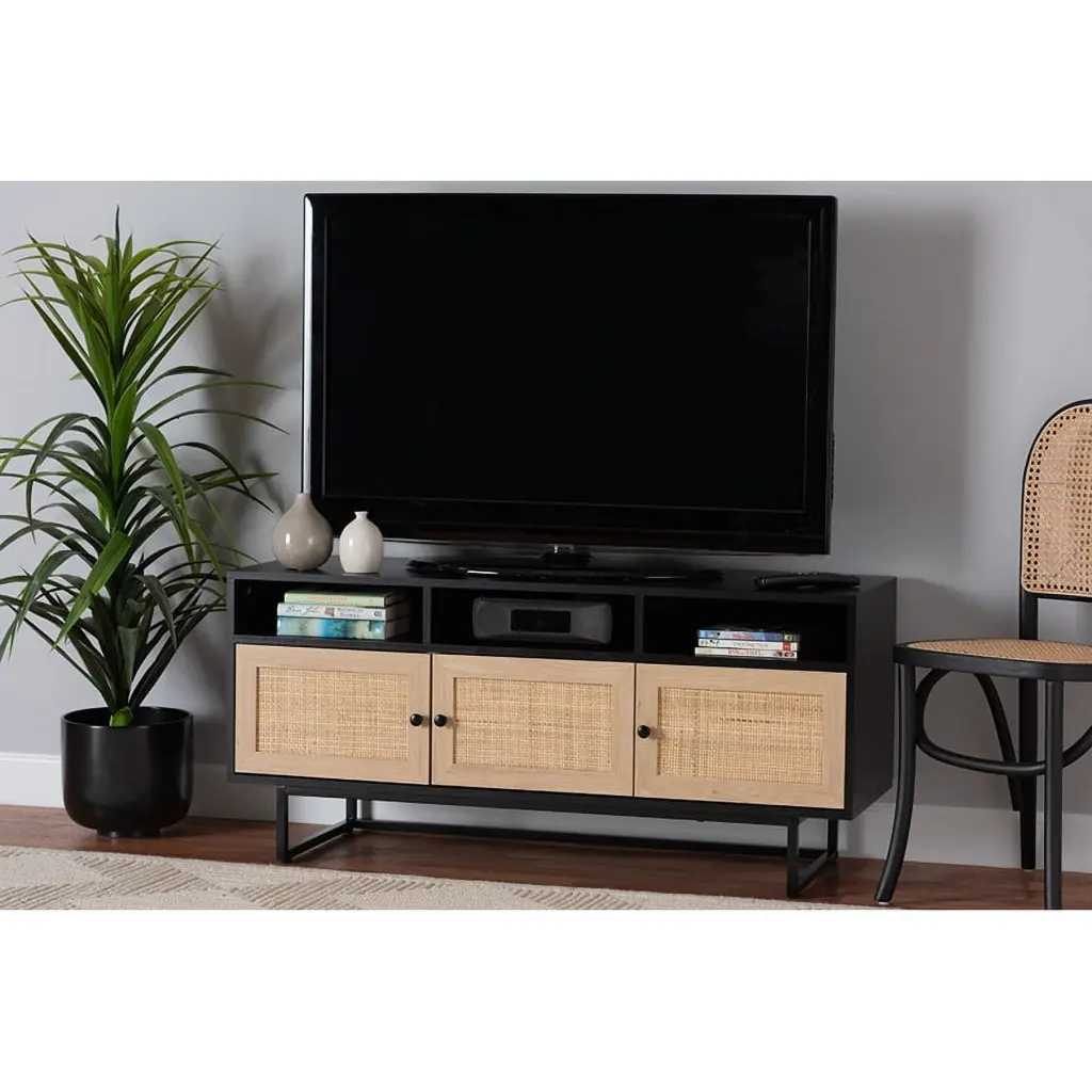 Baxton Studio Declan Mid-Century Modern Espresso Brown Wood Rattan 3-Door TV Stand Wholesale Interiors