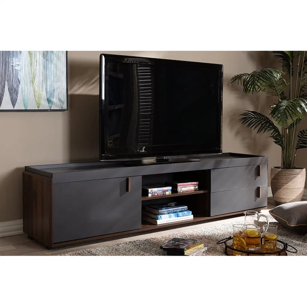Baxton Studio Rikke Modern and Contemporary Two-Tone Gray and Walnut Finished Wood 2-Drawer TV Stand Wholesale Interiors