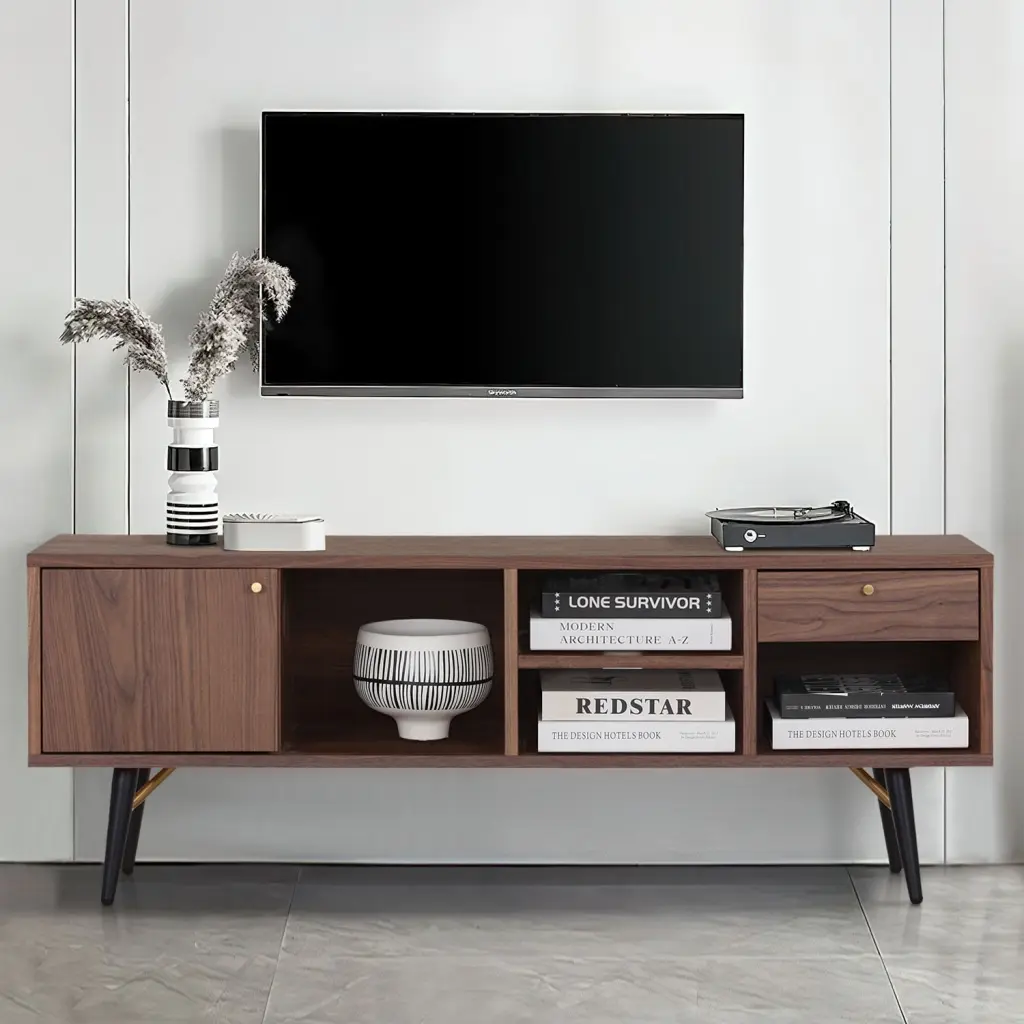 Williamspace 54.6 Walnut Wood Modern TV Stand Media Console Storage Up to 60 Inch TVs
