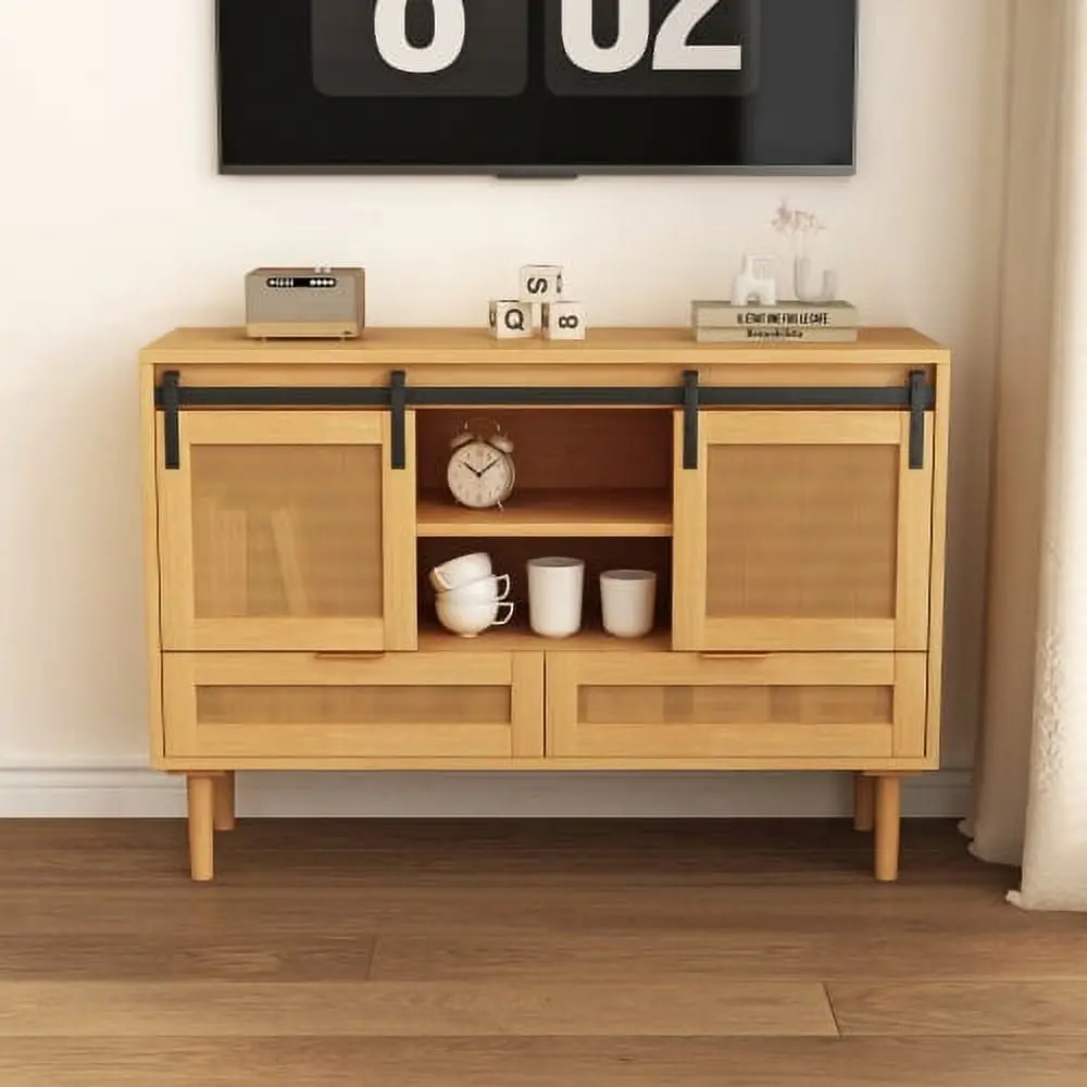 47.24 Inch Sliding Barn Door TV Cabinet 2 Drawers Living Room and Bedroom YASI