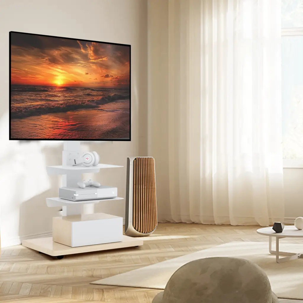 YOMT Flat Panel TV Floor Stand Wooden Base 40-75 Inch TVs White
