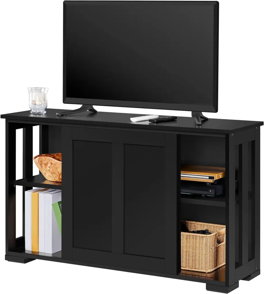 Wooden TV Stand Sliding Door Adjustable Shelf Media Entertainment Center Black YOUFF