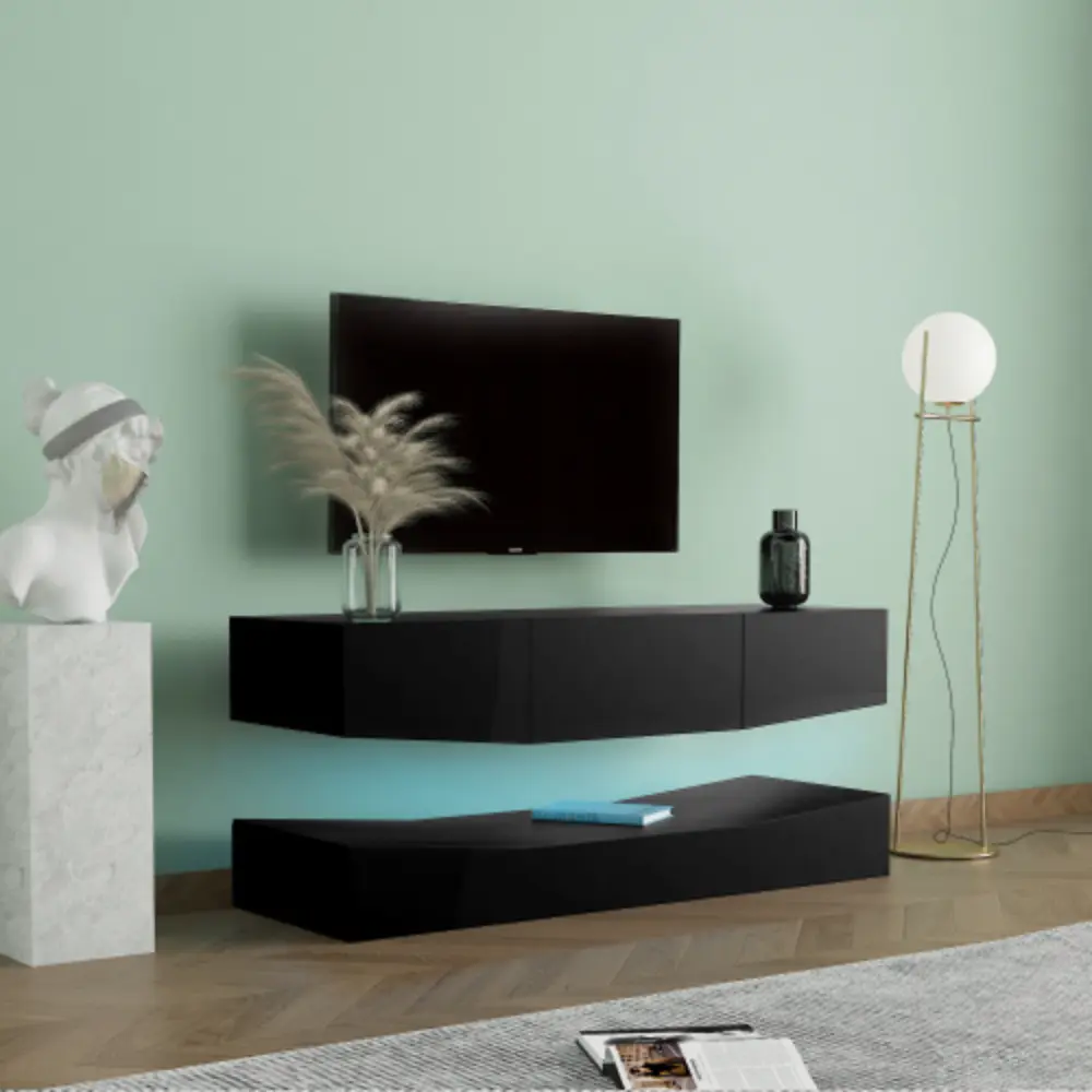 LED TV Stand 55 Inch TV Modern Entertainment Center LED Lights Black YRWL
