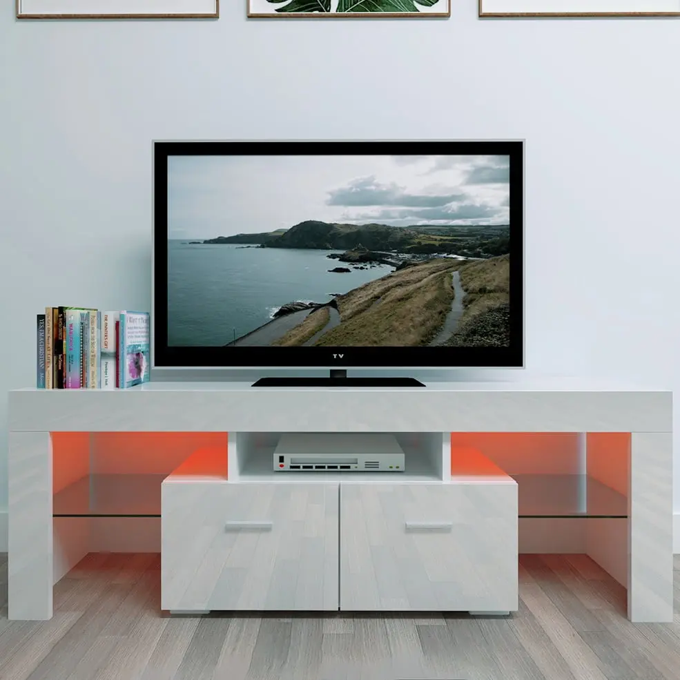 Zimtown TV Stand High Gloss LED Lights Media Console Table Storage Cabinet Drawers Entertainment Shelves