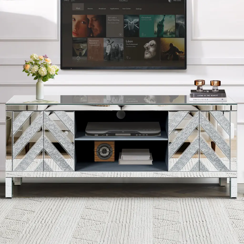 Sliver Mirrored TV Stand 65 Inch TV Open Storage zrun furniture