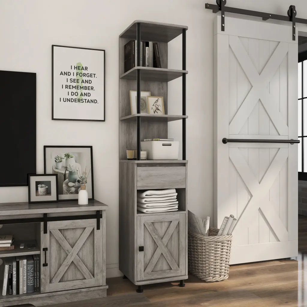 Furniture America Arnolt Multi-Storage Vintage Gray Oak TV Tower Stand