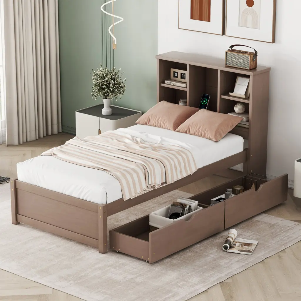Modern Twin Bed Frame USB Port and Bookcase Headboard fangxing