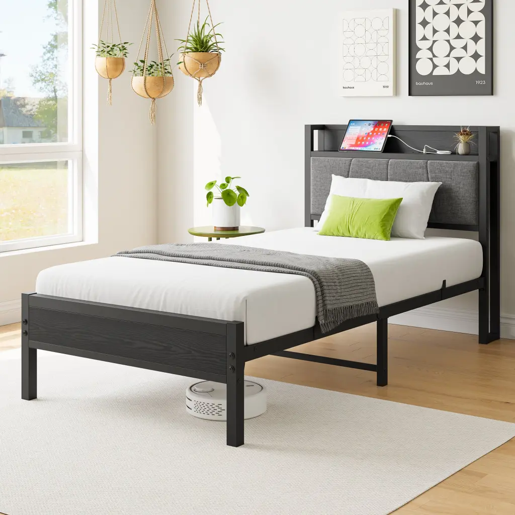 Twin Dimensions Bed Frame Storage Headboard and Charging Station Solid Wood home furniture