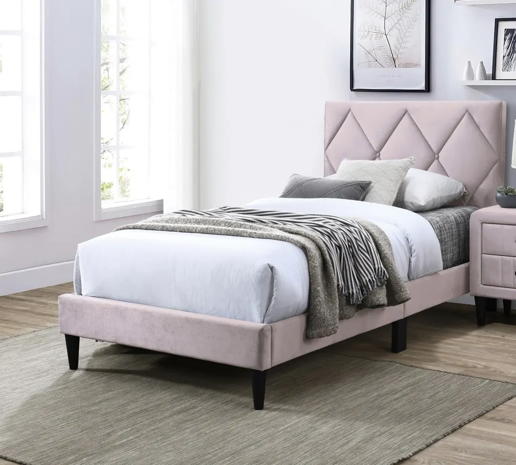 Twin Dimensions Bed Customizable Headboard Light Pink Velvet Upholstered Bedframe kanepe