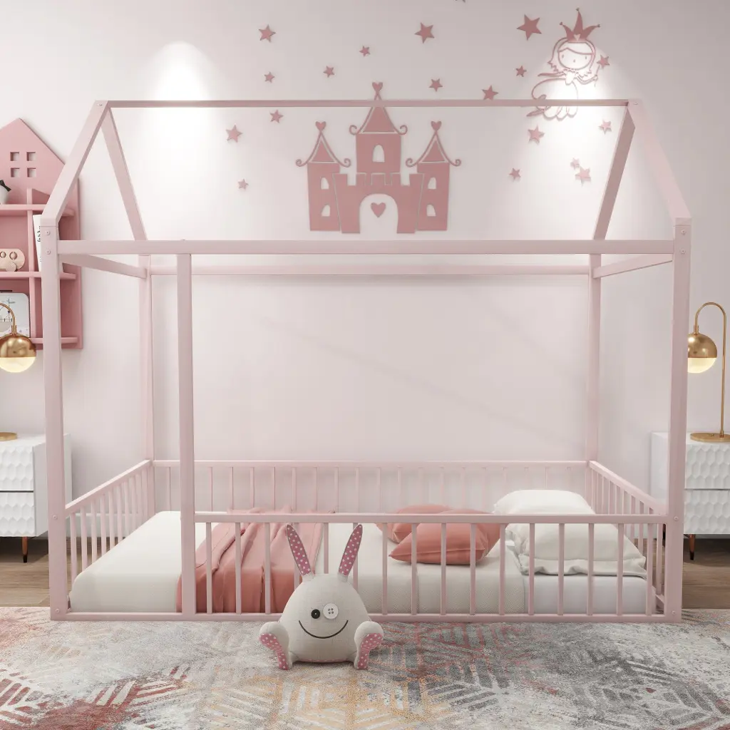 Twin Size Metal Bed Frame Fence Kids Teens Girls Boys Room lucky world