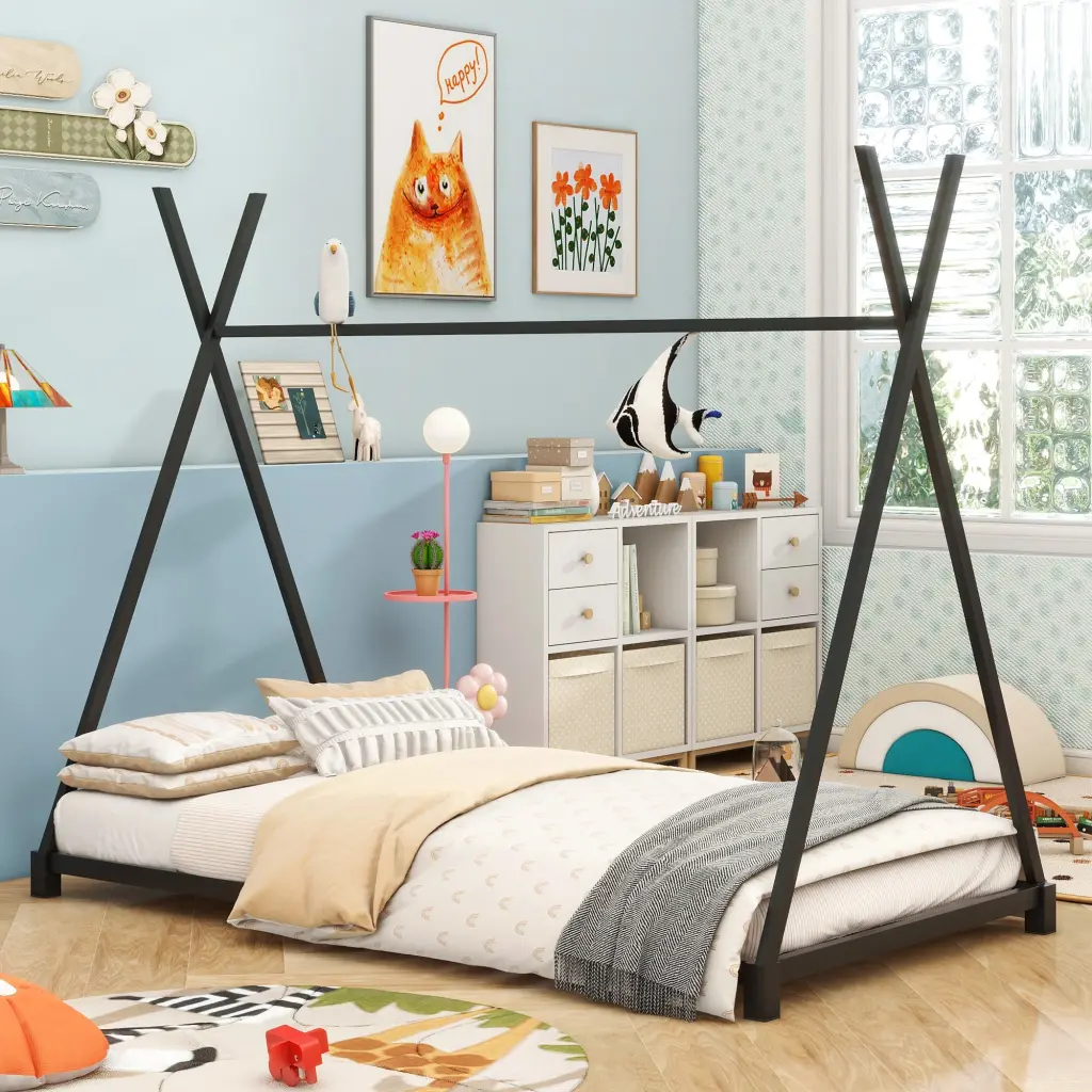 Metal Twin Dimensions Platform Bed Triangle Structure Black Box Design wm store