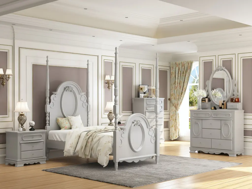 Flora Twin Bed Poster Gray Finish Bd02204T Twin Gray Wood acme onsite store
