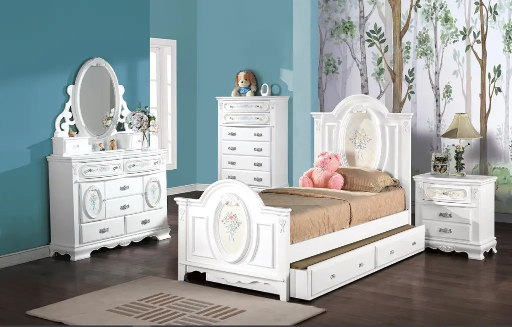 Flora Twin Bed White Finish and Wooden Frame acme onsite store