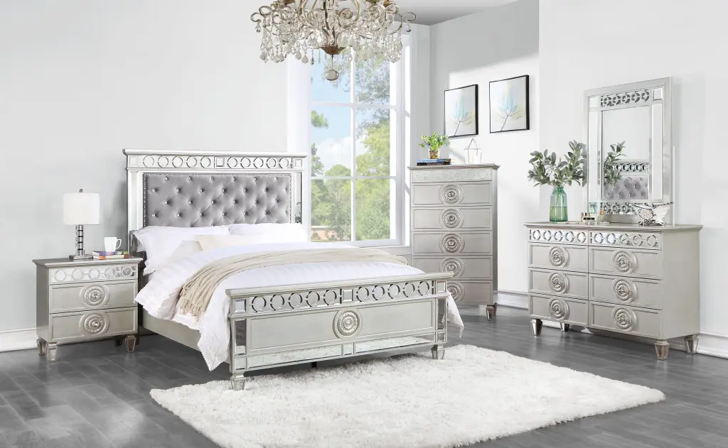 Varian Twin Bed Gray Velvet Shiny Metal Mirrored Finish acme onsite store