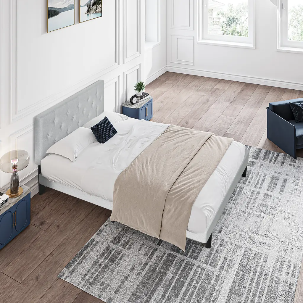 Twin Size Upholstered Platform Bed Frame Modern Button Tufted Linen Fabric civilfurniture