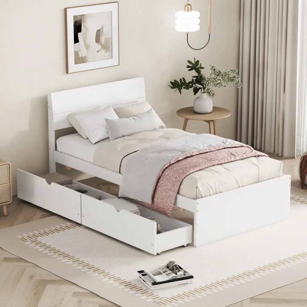 Modern Twin Bed Frame 2 Drawers and High Gloss Headboard fangxing