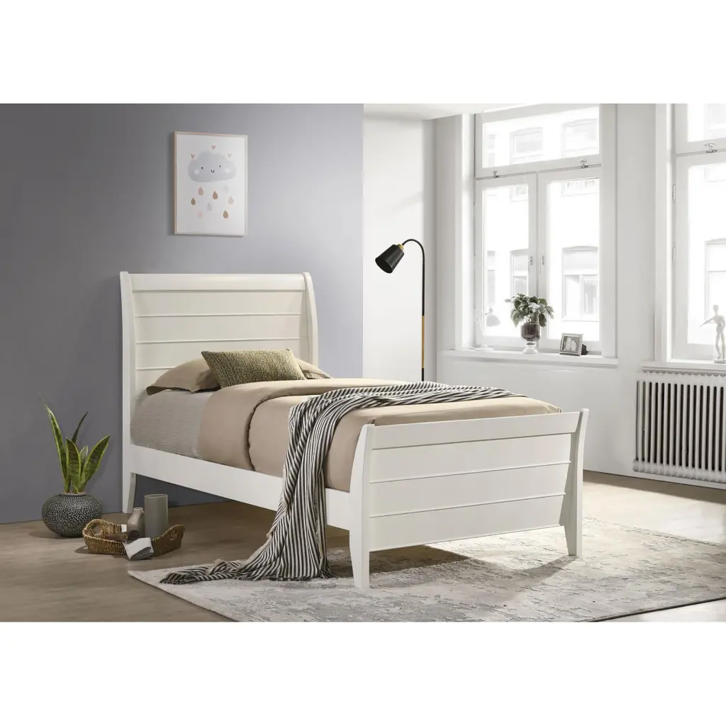 White Twin Platform Sleigh Bed Ivory Wood Coastal Bedroom furniture max