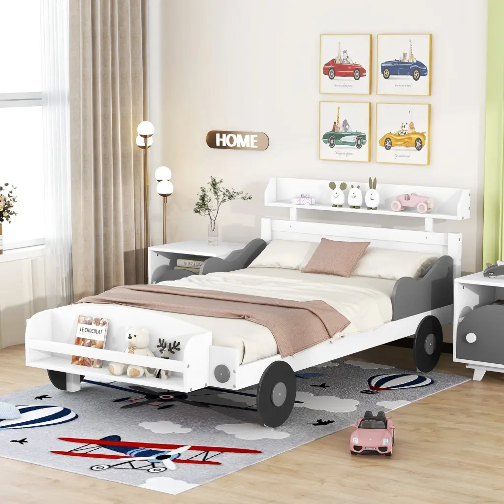 Twin Car Influenced Platform Bed Storage Shelf Bedroom homey life
