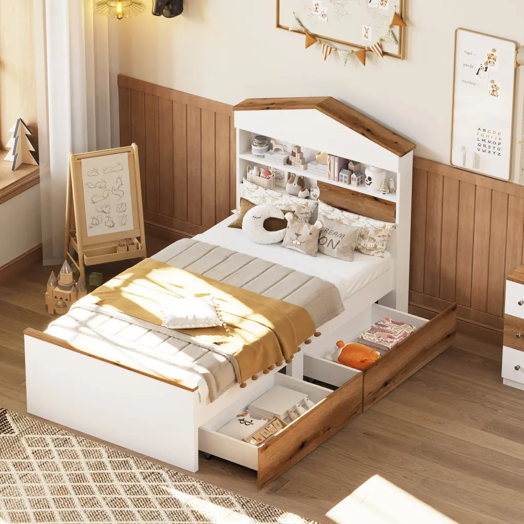 Twin Dimensions House Shaped Timber Bed Storage Shelf on Headboard homey life