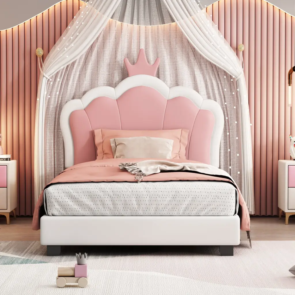 Twin Dimensions Upholstered Princess Bed Crown Headboard, Twin Platform homey life