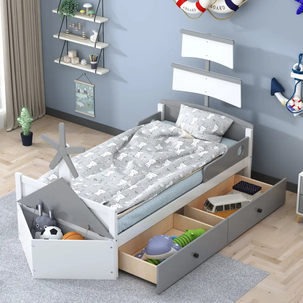 Twin Size Boat Influenced Platform Bed 2 Drawers Storage Bed Frame homey life