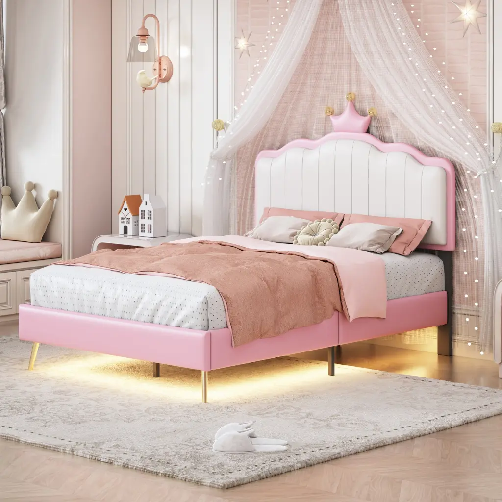 Twin Size Upholstered Princess Bed Crown Headboard Twin Size Platform Frame homey life
