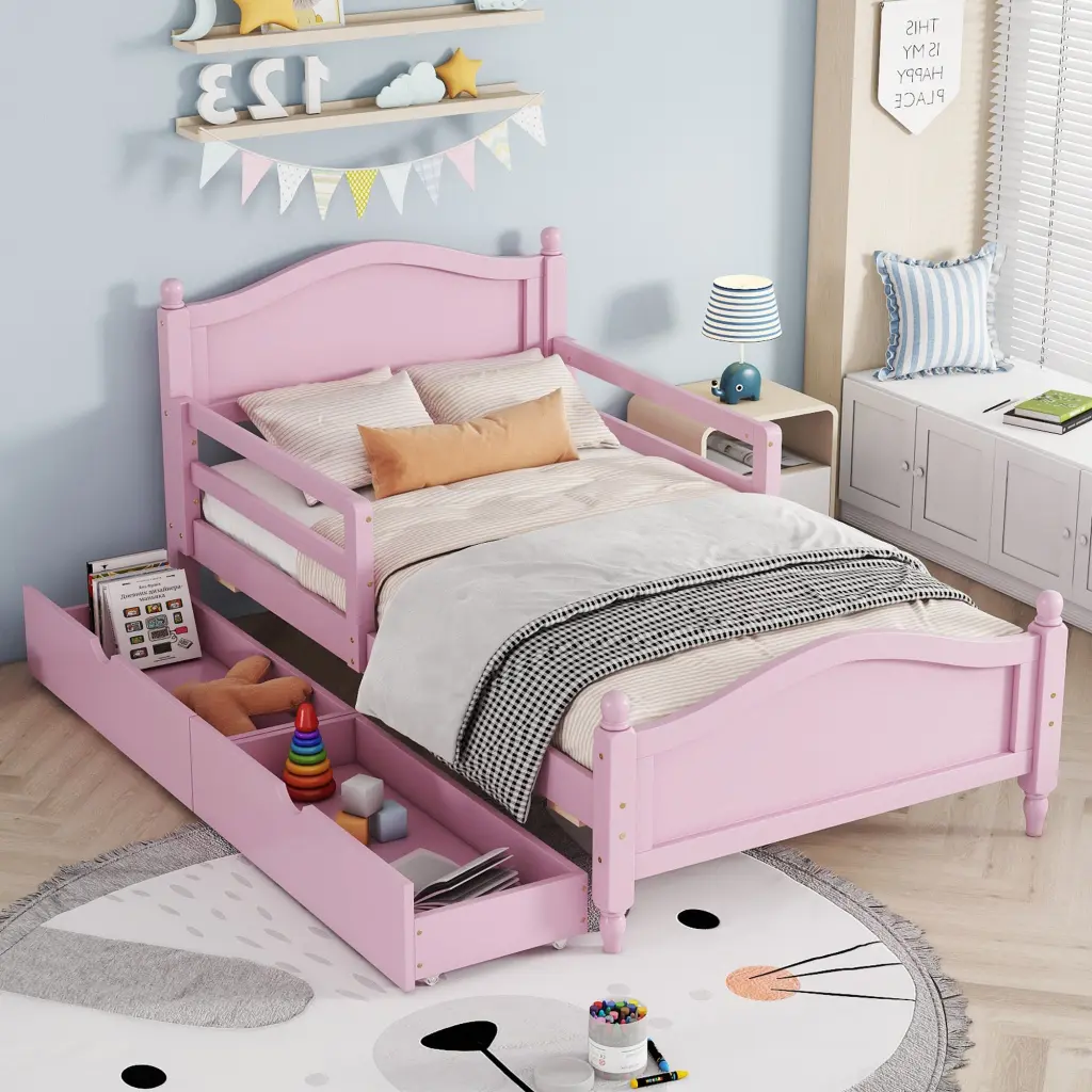 Twin Size Wood Platform Bed Guardrails and Two Storage Drawers homey life