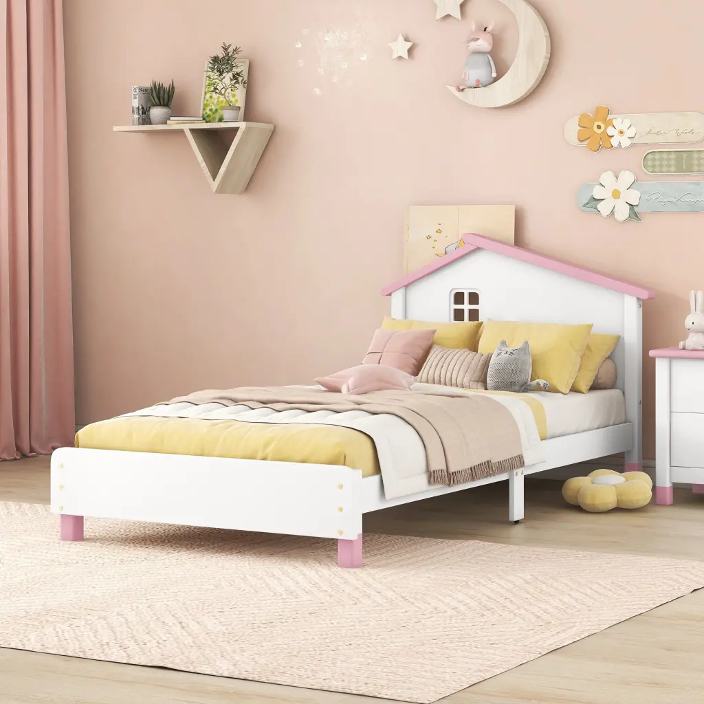 Twin Size Wood Platform Bed Houtilize Influenced Headboard White Pink homey life