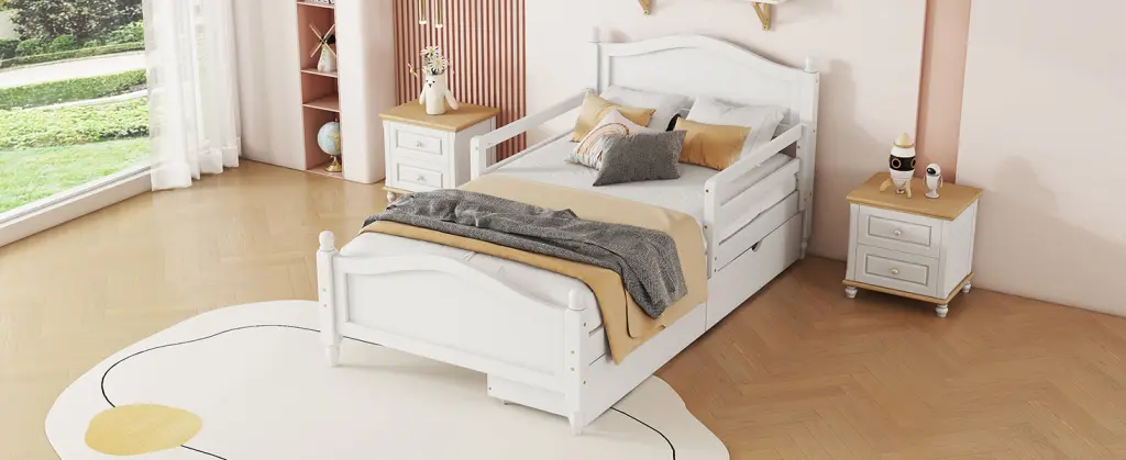 Twin Wood Platform Bed Guardrails On Both Sides And Two Storage homey life