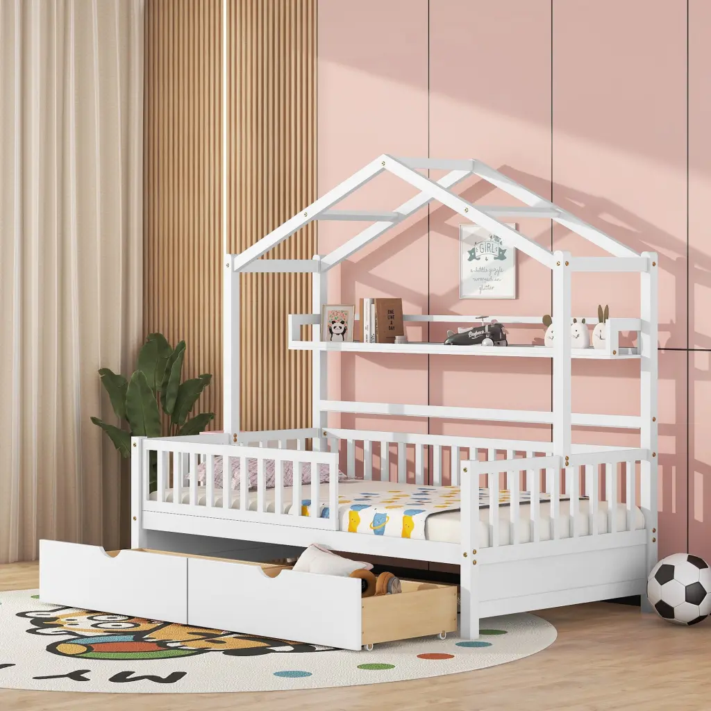 Wooden Twin Bed 2 Drawers and Storage Shelf Kids homey life